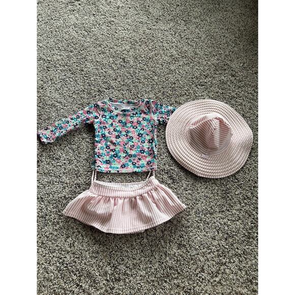 RUFFLEBUTTS 12-18 Month SWIMSUIT SET LONG Sleeve TOP BOTTOMS HAT Sun Protection